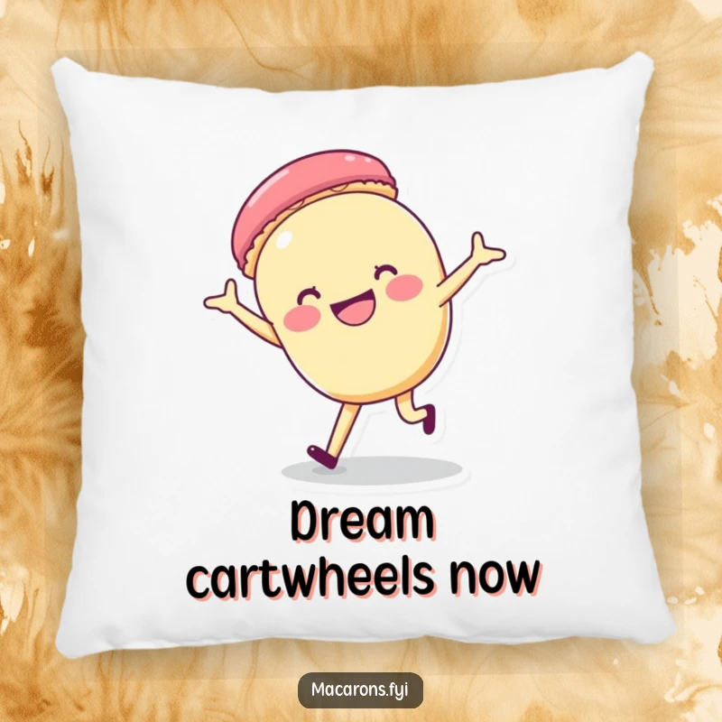 Funny macaron character doing a cartwheel with a happy grin, designed for a soft and cheerful pillow.