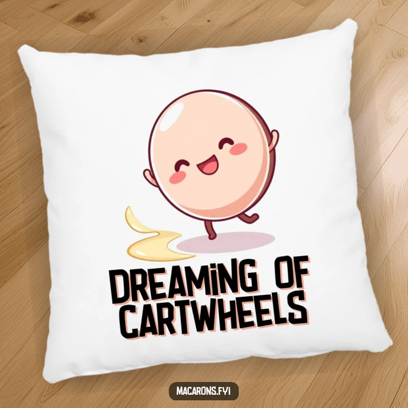 Plush pillow featuring a funny macaron character performing a lively cartwheel with a signature swirl of cream.