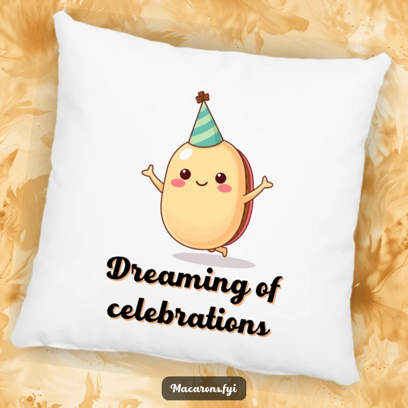 Funny macaron character wearing a party hat, captured in a playful jump, designed as a soft, decorative pillow for comfort.