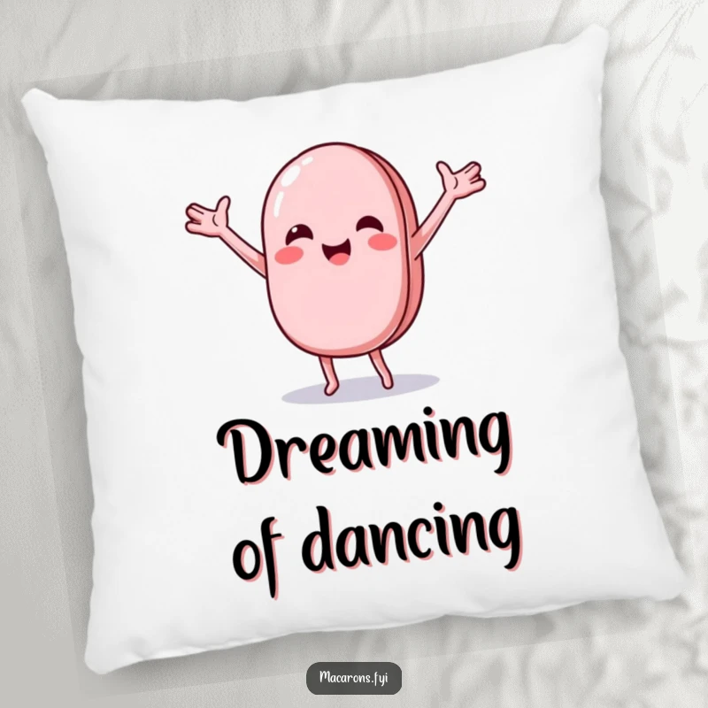 Funny macaron character doing a joyful, wobbly dance with arms outstretched, featured on a plush decorative pillow.