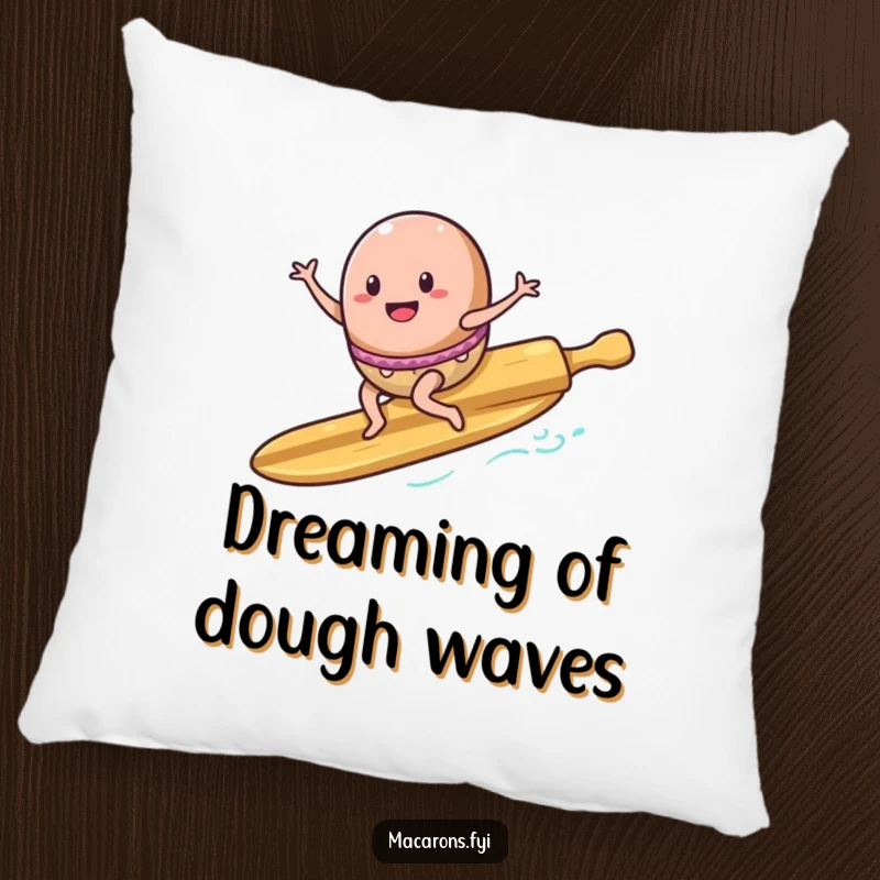 Funny Pillow: A plush cushion depicts a macaron character surfing a rolling pin surfboard, bringing adventurous fun.