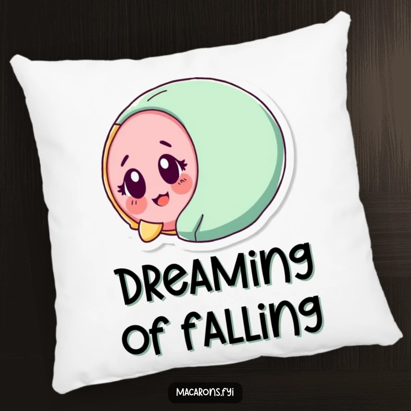 Funny macaron character tumbling with surprised delight, featured on a soft pillow.
