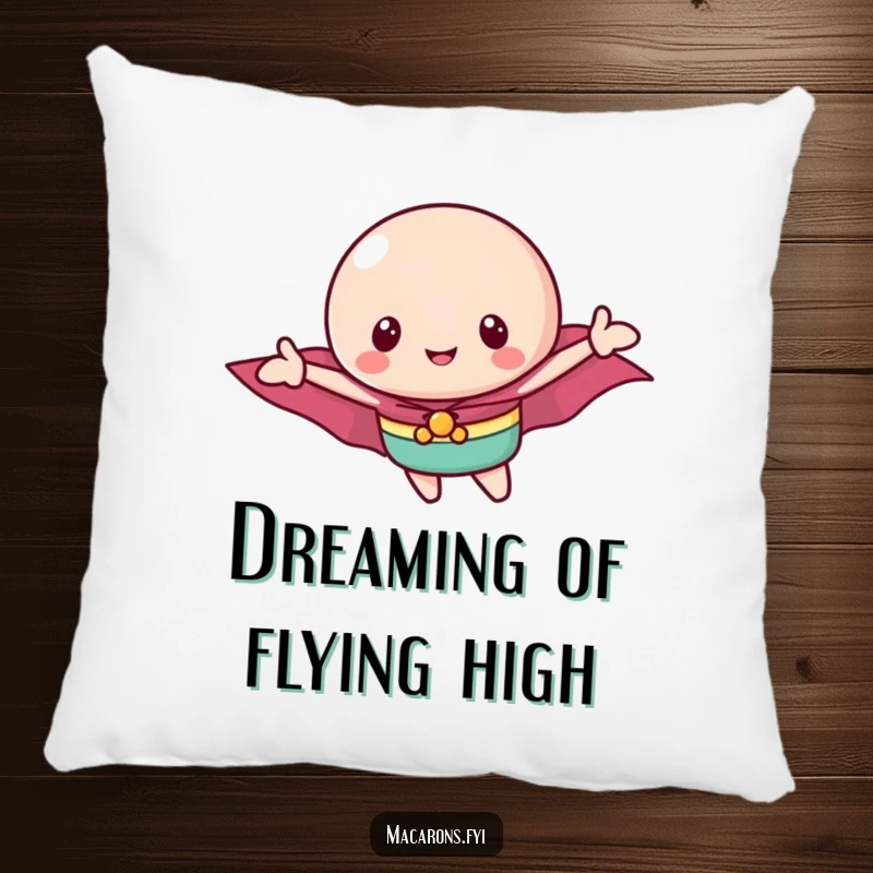 Funny macaron hero pillow with a cute macaron character in a cape soaring, offering sweet comfort and a dose of playful heroism.