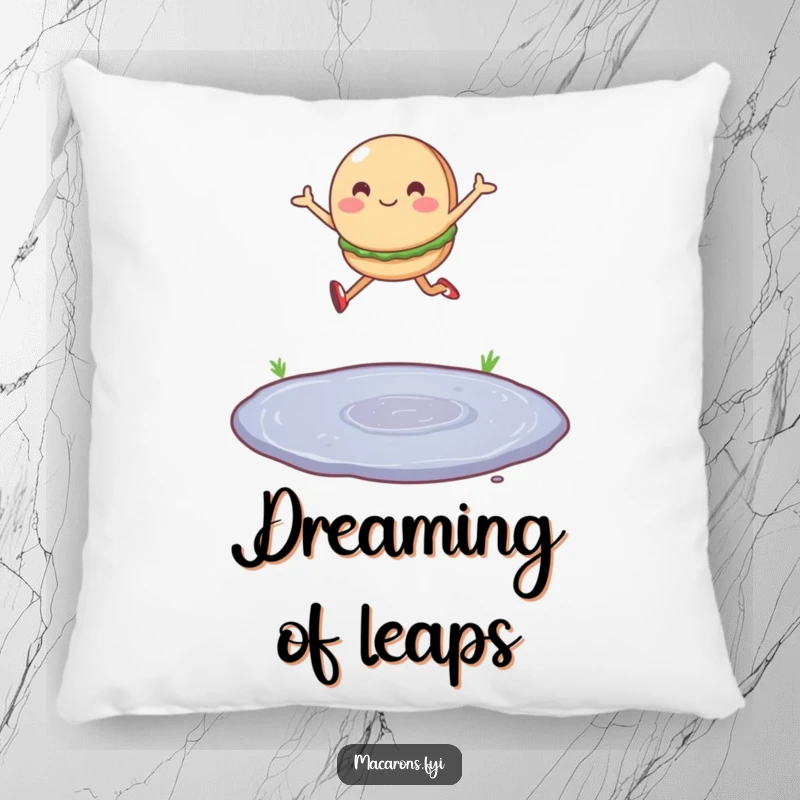 Funny pillow with a single macaron character leaping joyfully over a tiny puddle, offering plush comfort and optimism.