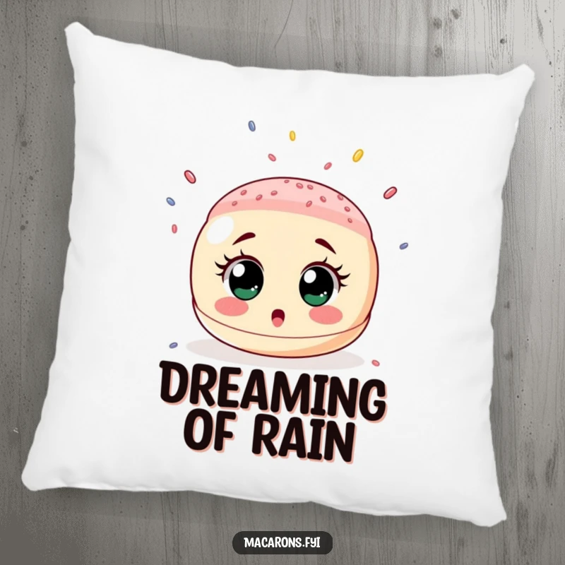Funny pillow featuring a wide-eyed macaron looking up in sweet surprise as tiny colorful sprinkles fall around it, a delightful embrace.