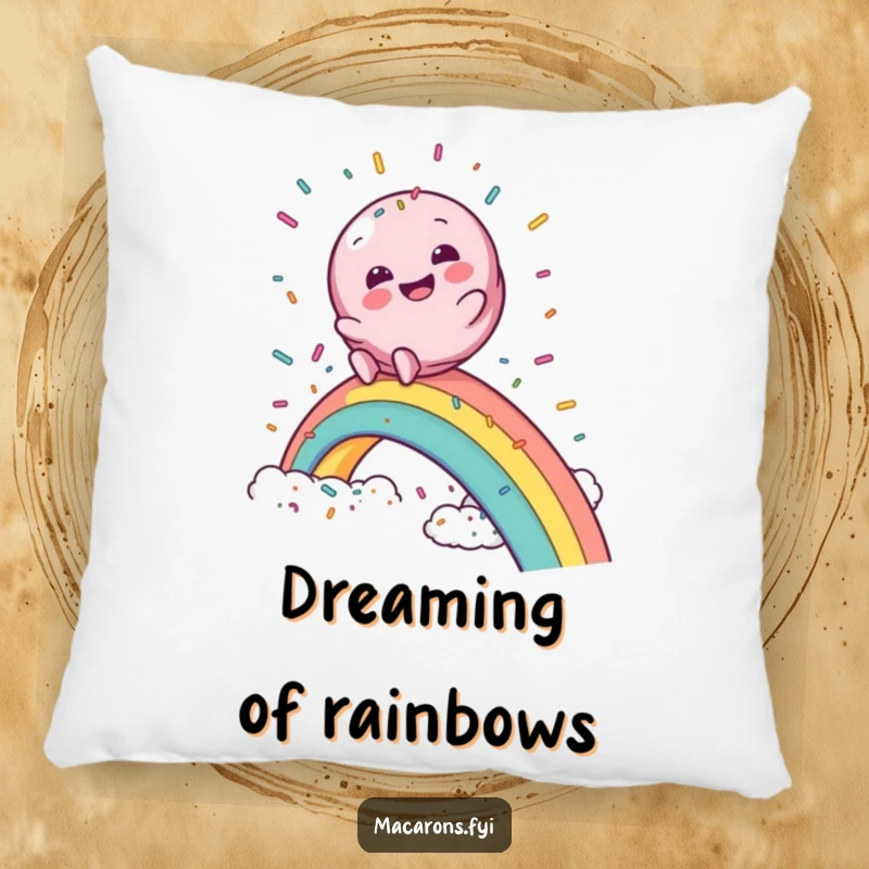 Funny macaron pillow featuring a macaron character gleefully sliding down a rainbow into a cloud of sprinkles, for cozy magic.