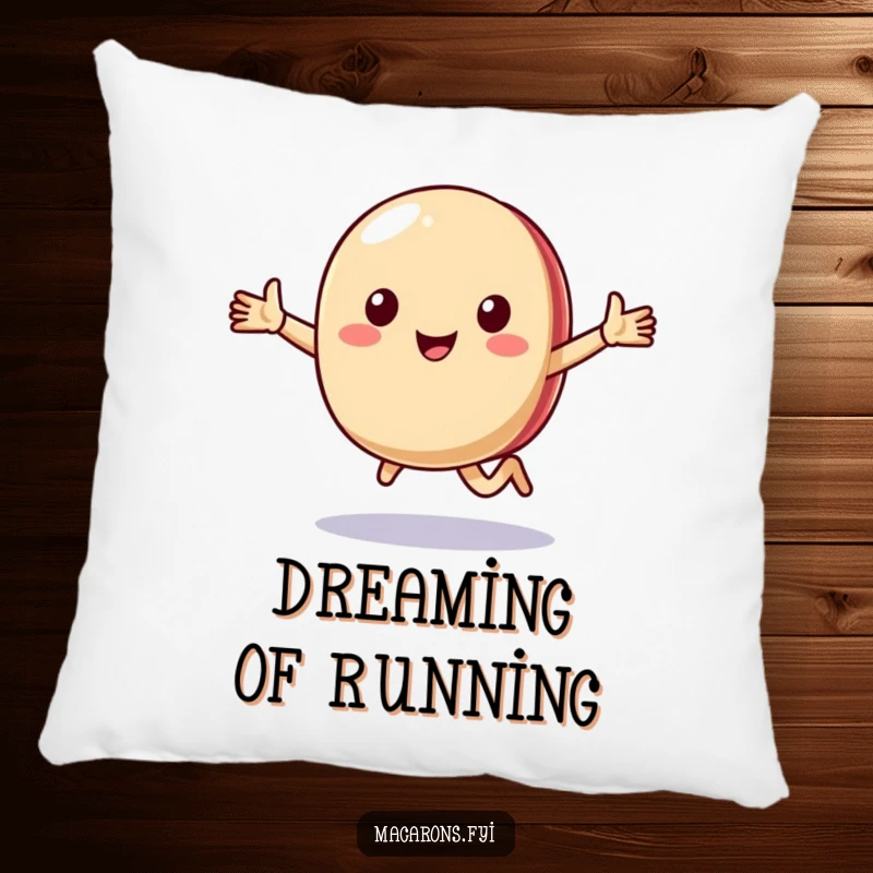 Funny macaron character running with open arms, designed for a soft and cheerful pillow.