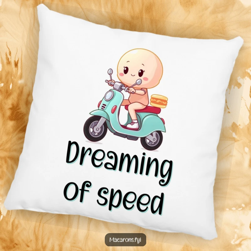 Funny macaron character on a miniature scooter in a triumphant pose on a plush decorative pillow.