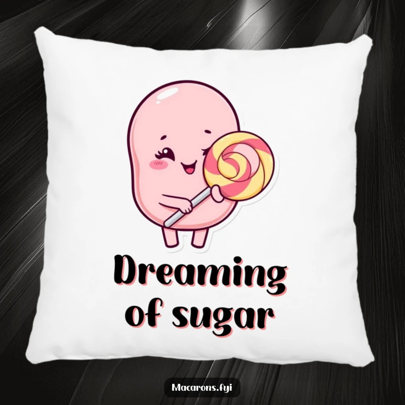 Funny Kawaii macaron character winking with a huge lollipop, a soft and humorous pillow for decoration or comfort.