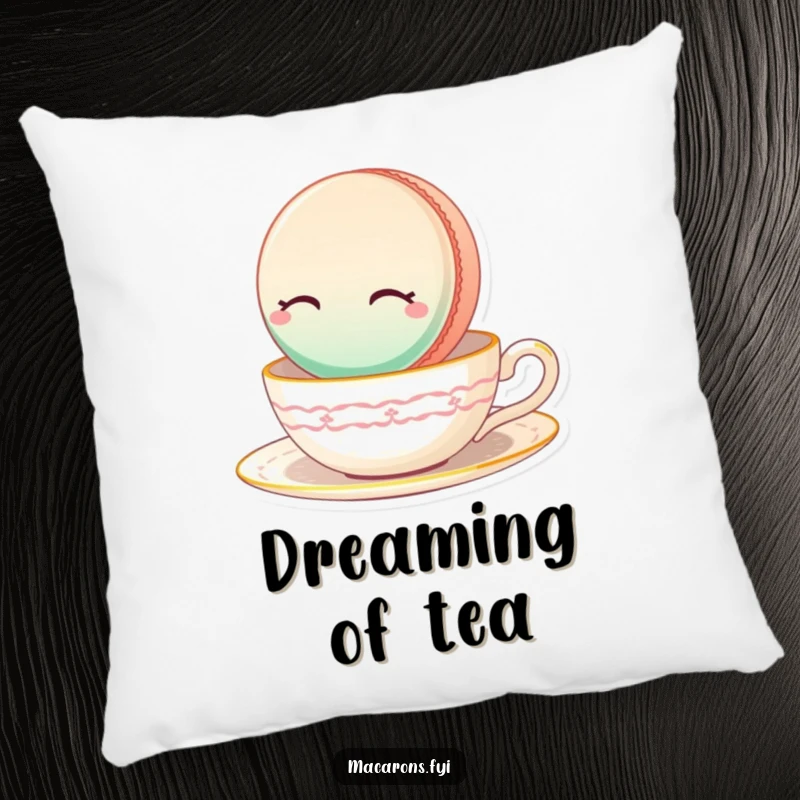 Funny Macaron Pillow featuring a blissfully floating macaron with eyes closed on a teacup.