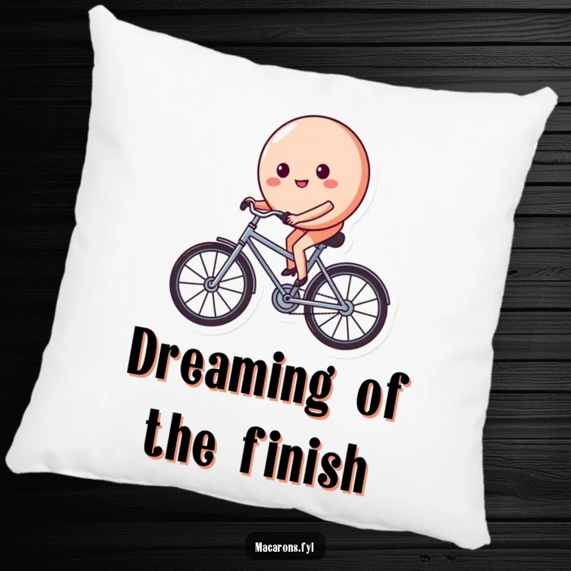 Funny macaron character on a tiny bicycle, pedaling with a determined and happy face, decorating a soft and comfortable throw pillow.