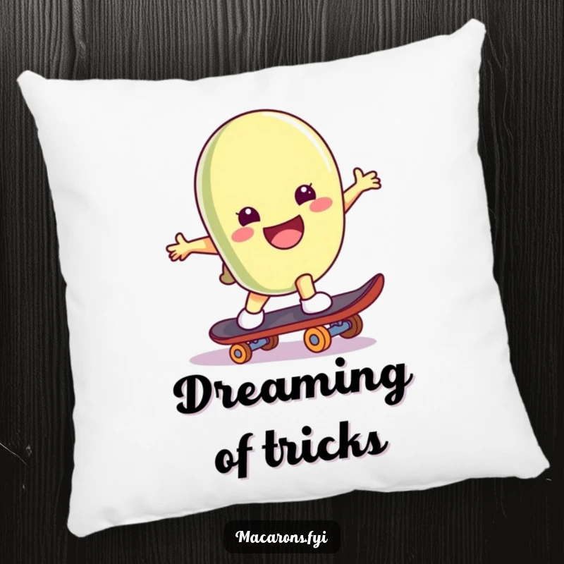 Funny macaron character on a skateboard, doing a trick, designed for a soft and decorative pillow.