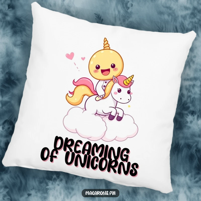 Funny Pillow with a macaron character riding a unicorn through candy clouds, offering sweet comfort and magical decor.