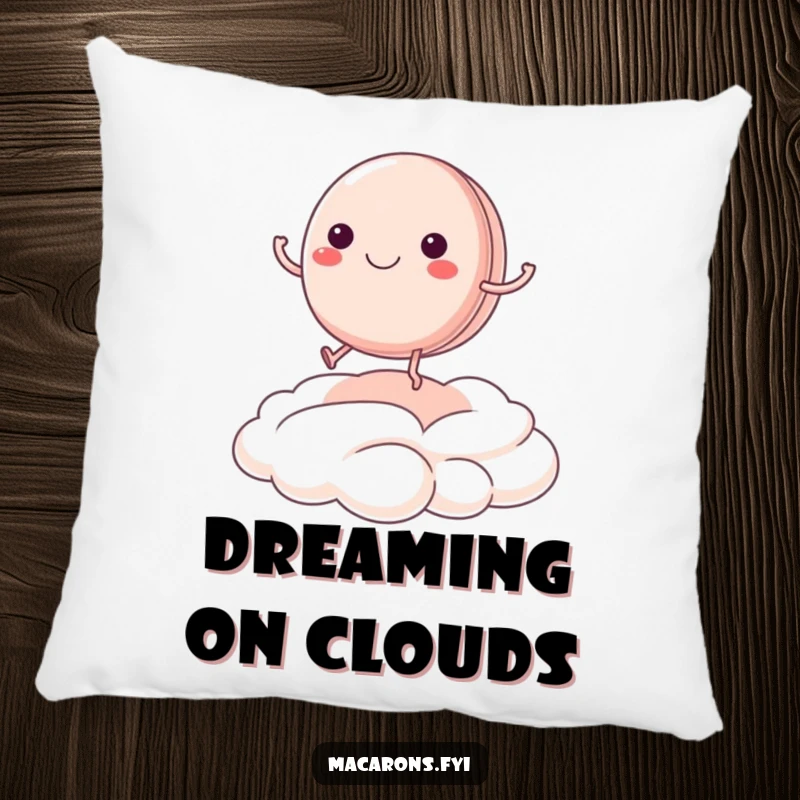 Funny macaron character joyfully bouncing on a cream cloud, decorating a soft pillow for cheerful home decor.