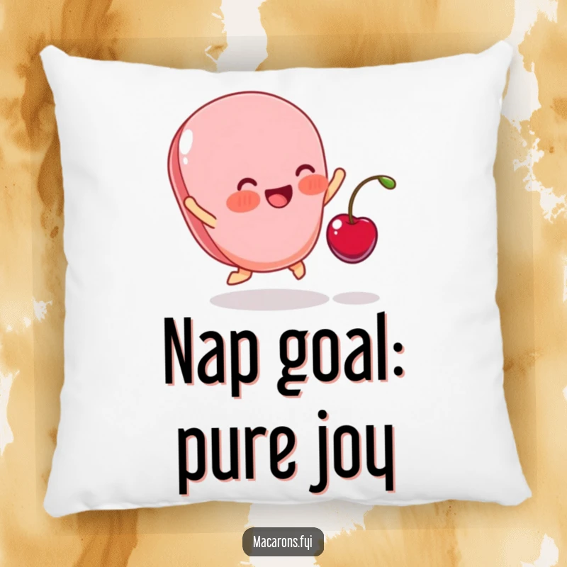 Funny pillow with a blushing macaron caught in a moment of pure joy, reaching for a tiny cherry, soft and huggable.