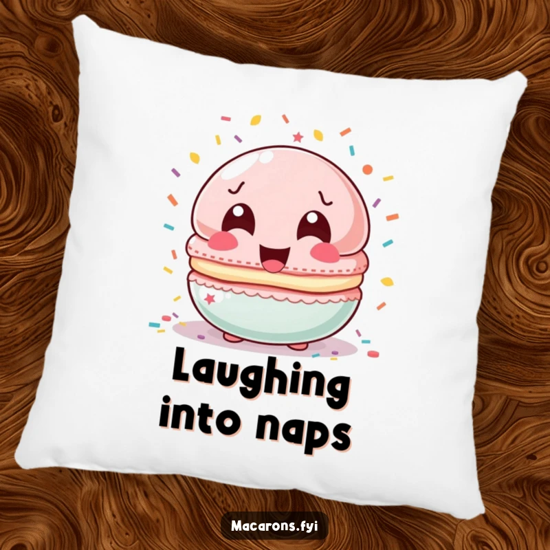 Funny macaron character laughing with wide eyes, showered by colorful confetti on a plush decorative pillow.