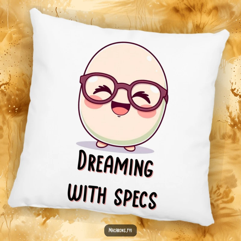 Soft funny macaron character giggling hysterically behind oversized, silly glasses, featured on a plush pillow for cozy amusement.