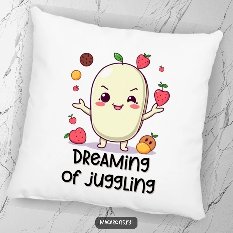 Funny Pillow: A plush cushion displays a macaron character grinning mischievously while juggling small fruits, adding fun.