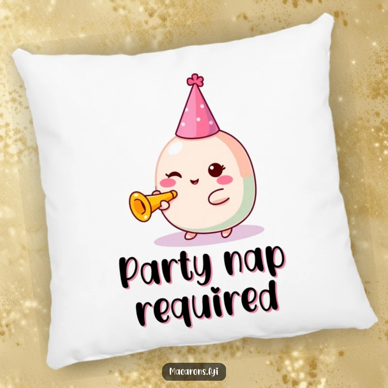 Funny Macaron Pillow: Festive Kawaii macaron character in a party hat blowing a tiny trumpet, adding cozy celebration.