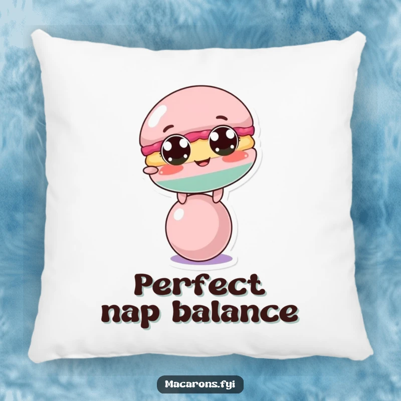 Funny macaron character on a ball, looking slightly off-balance, creating a soft and funny accent pillow.