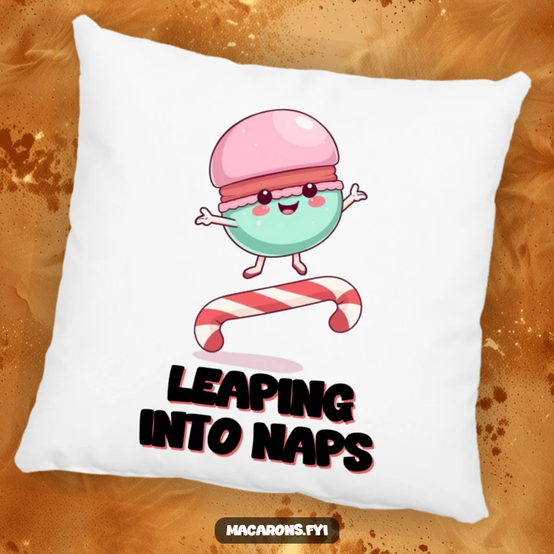 Funny Pillow with a macaron character leaping over a candy cane, offering sweet comfort and a touch of playful decor.