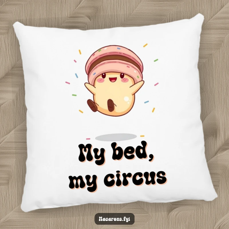 Funny macaron character performing a silly cartwheel, with sprinkles adorning the scene, creating a soft and funny decorative pillow.