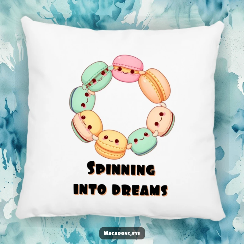 Funny Macaron Circle Pillow, soft cushion featuring cute macarons holding hands and spinning happily, perfect for comfort.