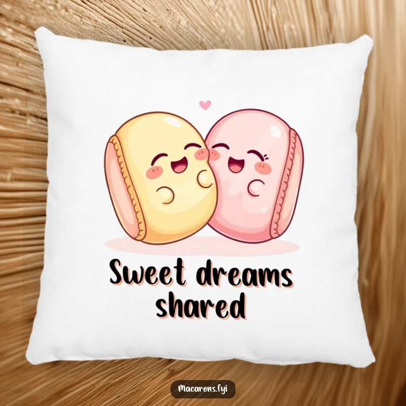 Two funny macaron characters giggling together, leaning playfully, designed for a soft and cheerful pillow.