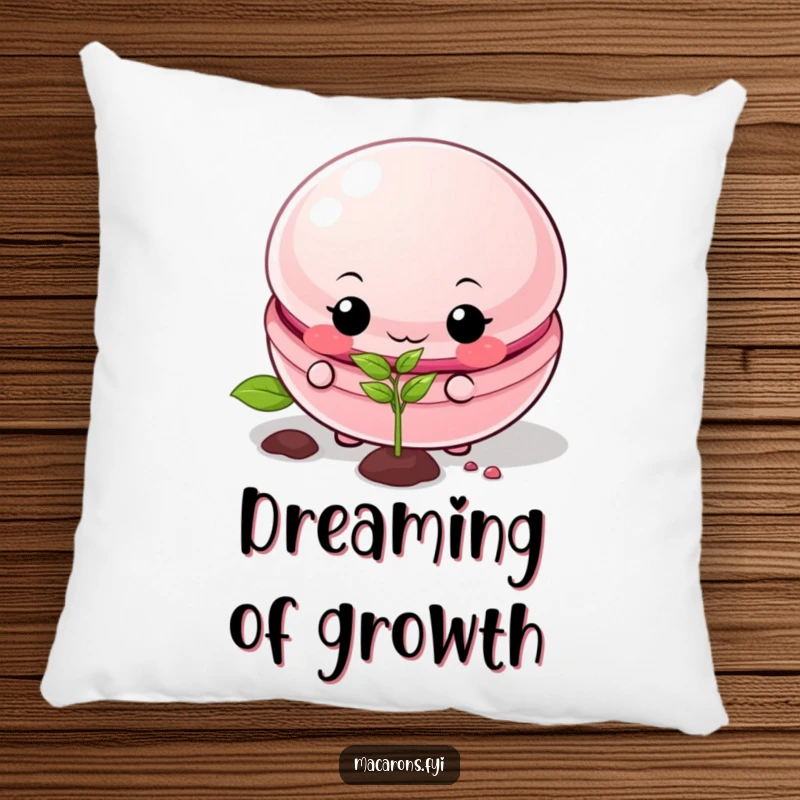 Funny macaron pillow featuring a mischievous macaron planting a seed, perfect for cozying up with humor.