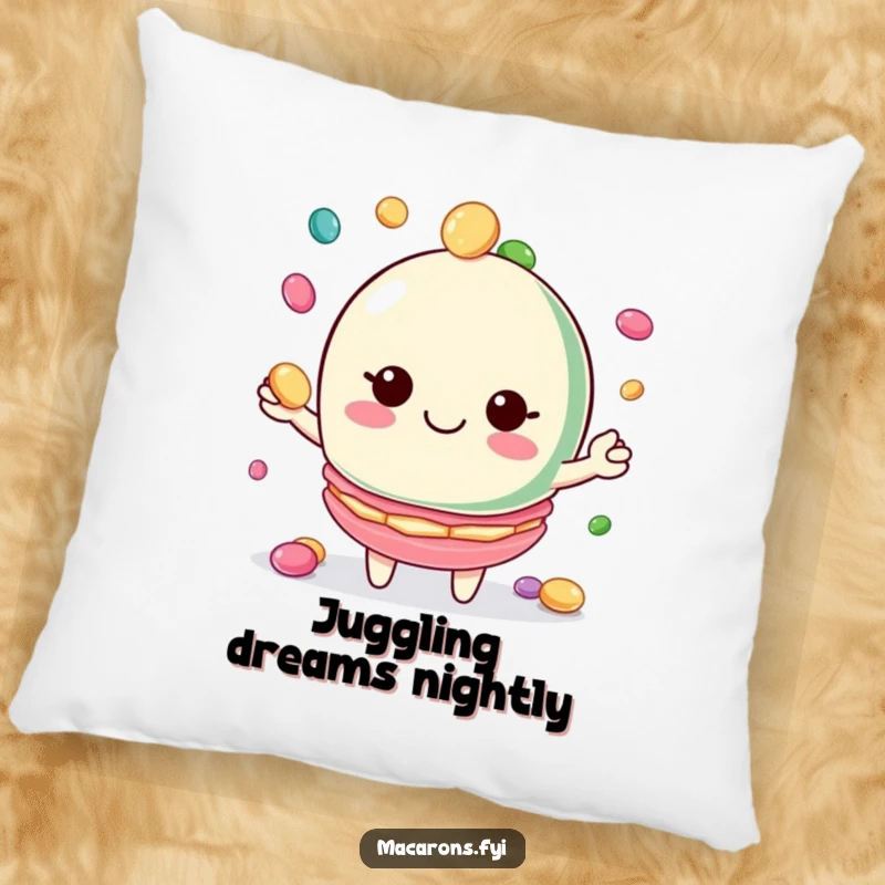 Funny macaron pillow featuring a macaron character juggling candies with a big smile, soft and fun.