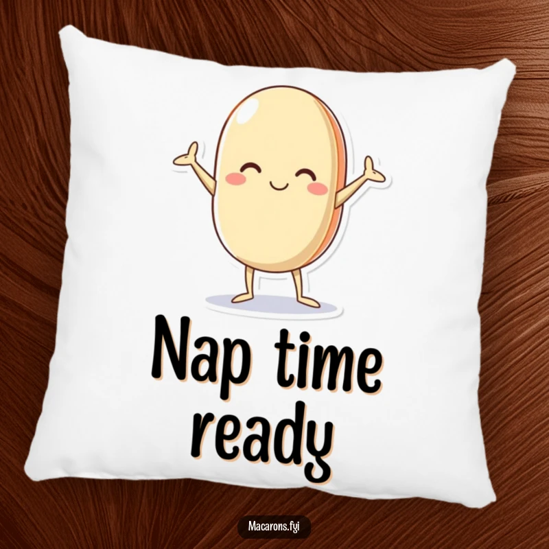 Funny macaron pillow featuring a cute character with legs and arms akimbo in a silly pose, offering comfort and a touch of humor.