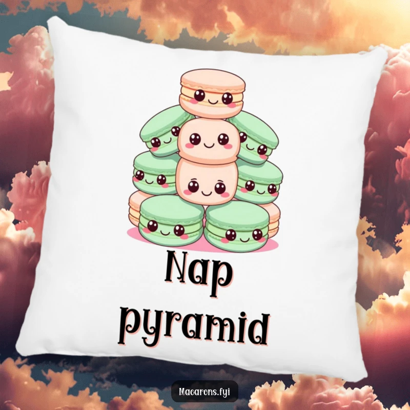 Funny macadamia nut pillow depicting a pyramid of happy macarons, one precariously balanced, offering plush, unstable comfort.
