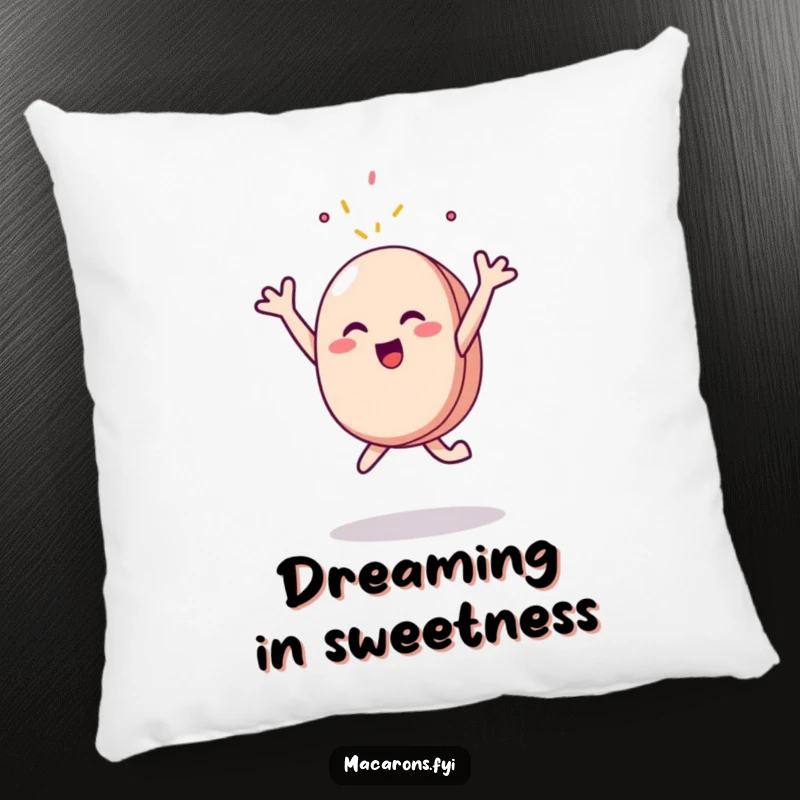 Funny Pillow: A soft cushion displays a macaron character joyfully leaping, arms aiming for a delightful falling sprinkle, bringing sweetness.