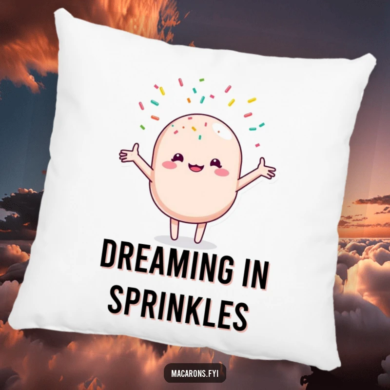 Funny macaron character joyfully embracing a cascade of colorful sprinkles, depicted on a soft and decorative pillow for maximum comfort.