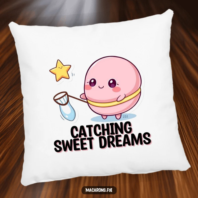 Funny macaron pillow featuring a macaron character with sparkling eyes catching a floating star with a net, for cozy dreams.