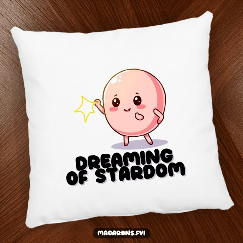 Funny macaron pillow featuring a dramatic macaron character illuminated by a spotlight, comfortable and stylish.