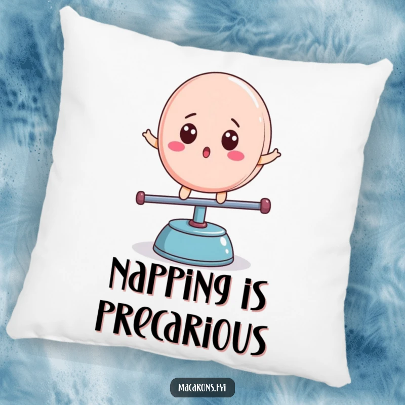 Funny macaron character with surprised expression, balancing on a teeter-totter, soft pillow design, charming funny gift.