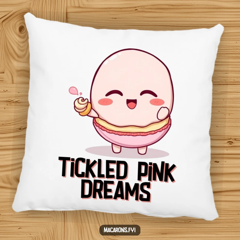 Funny macaron character giggling while being tickled by a tiny frosting swirl, soft pillow design, charming funny gift.