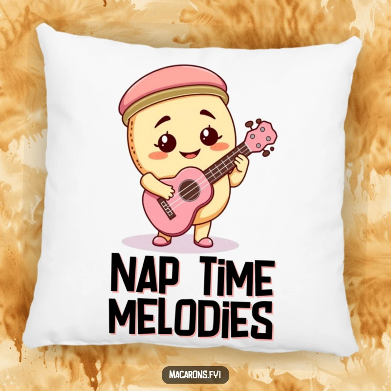 Funny macaron character with a goofy grin playing a tiny ukulele on a plush decorative pillow.