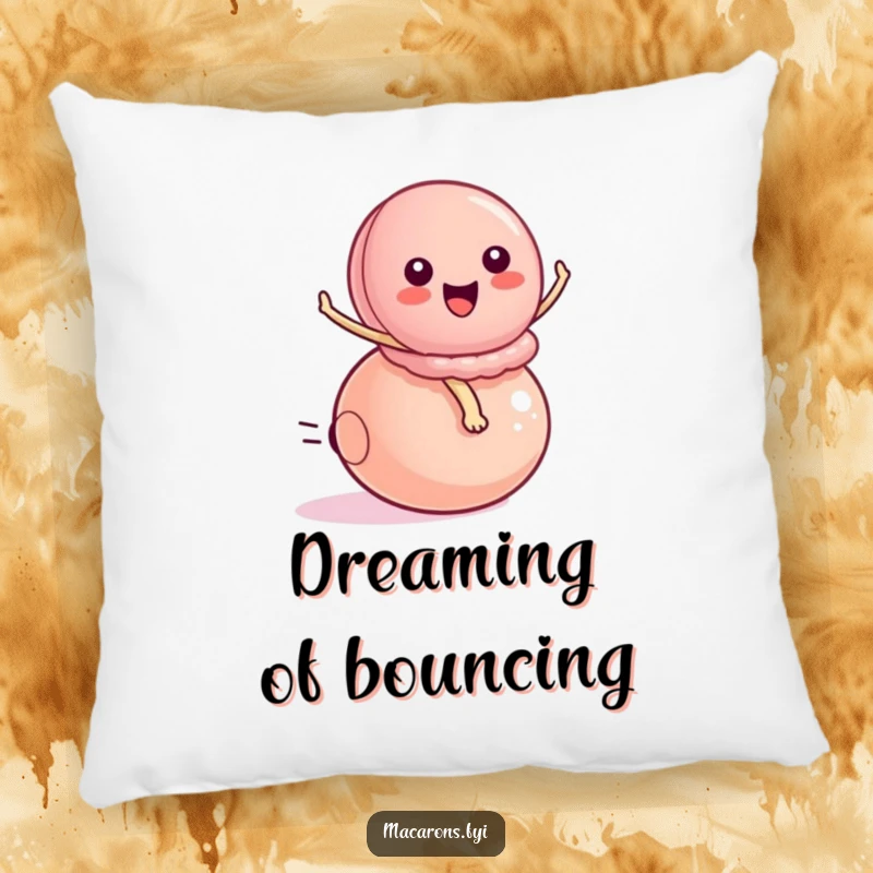 Funny peppy macaron character energetically riding a small bouncy ball, designed as a soft, decorative pillow for playful comfort.
