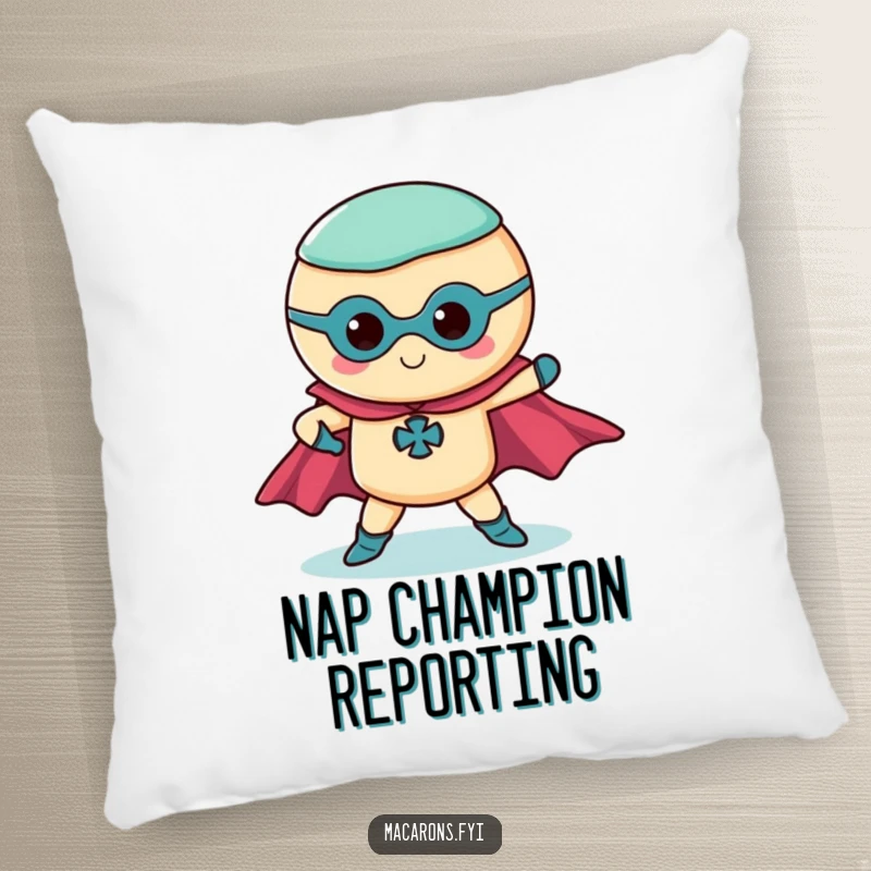 Funny superhero macaron pillow showing a macaron in a dramatic pose with capes, a soft and heroic decor item.