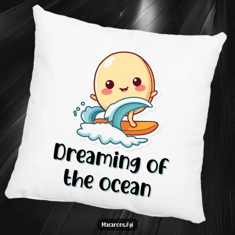Funny happy macaron character surfing on a tiny wave, designed as a soft, decorative pillow for ultimate comfort and style.