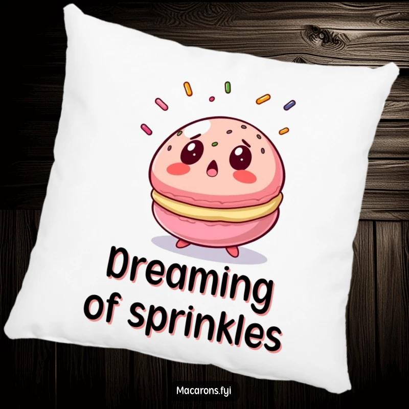 Funny macaron pillow featuring a shocked macaron looking at falling sprinkles, a soft and humorous decor item.