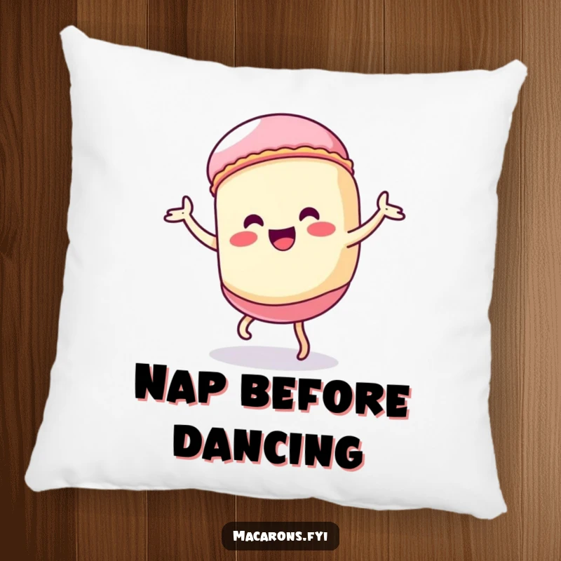 Funny Kawaii macaron character doing a silly, exaggerated dance, a soft and humorous pillow.