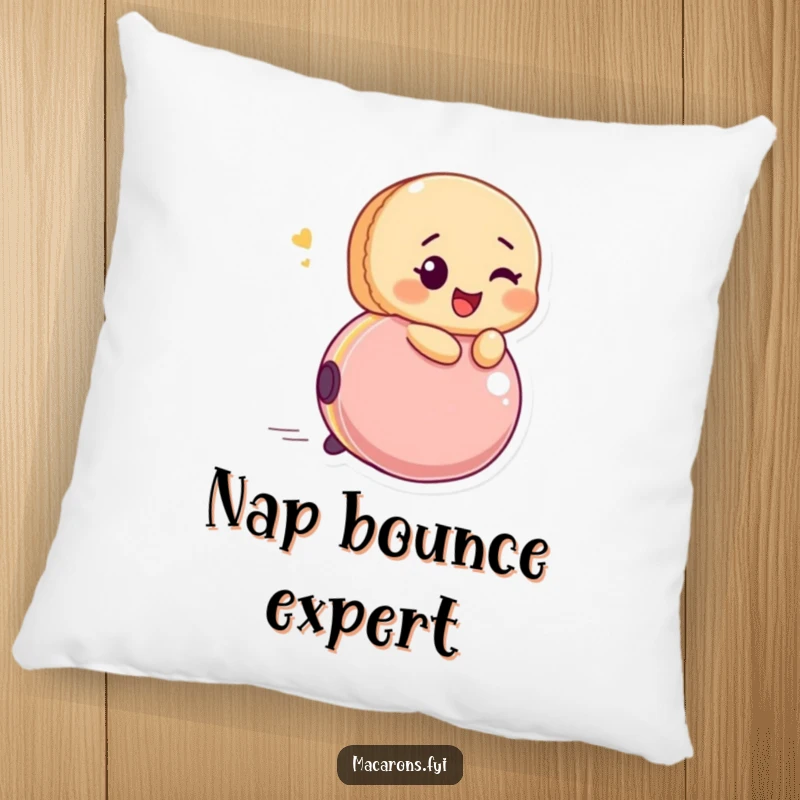 Plush pillow featuring a funny macaron character winking while riding a bouncing ball with infectious glee.