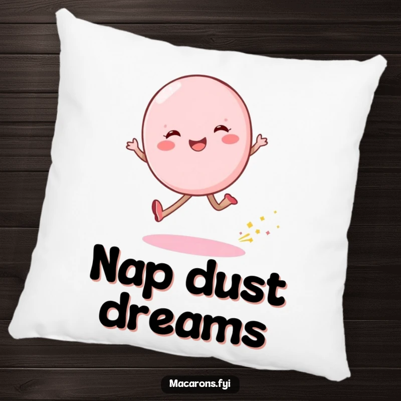 Funny macaron character skipping with a shimmering dust trail on a plush, decorative pillow.