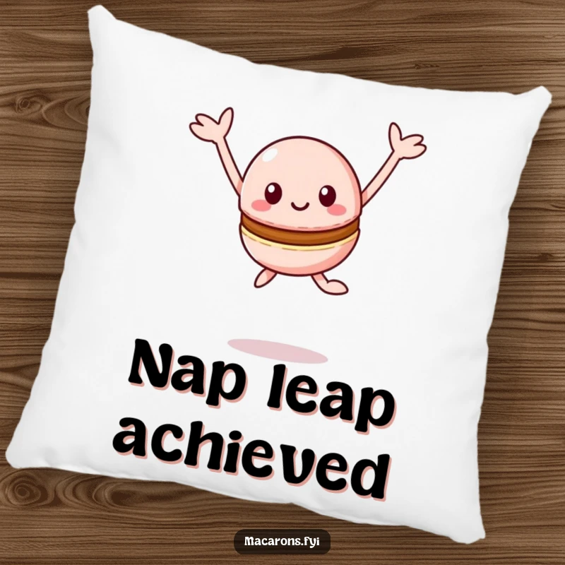 Funny Macaron Pillow: Joyful Kawaii macaron character leaping with arms stretched out happily, adding plush comfort.