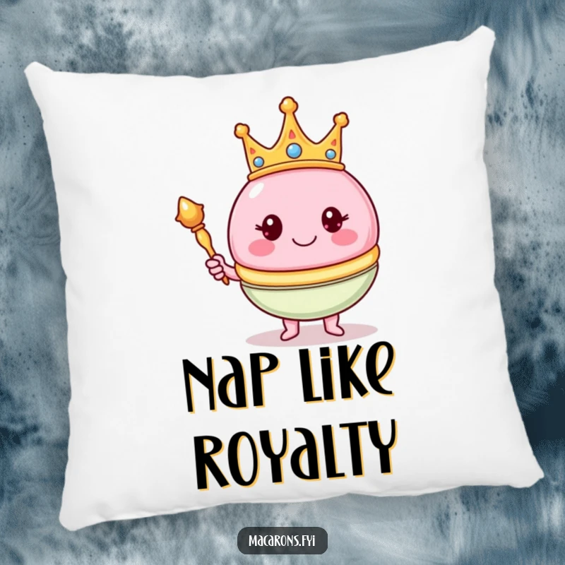 Funny macaron character in a crown, holding a scepter, decorating a soft pillow for regal and humorous relaxation.