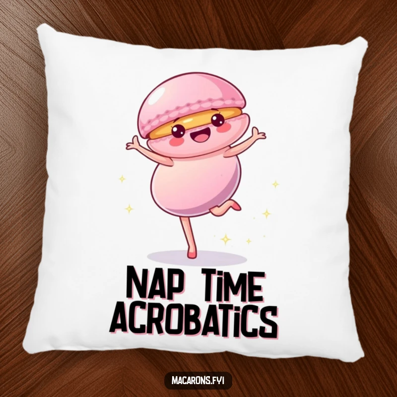 Funny Pillow decorated with a macaron character doing a cartwheel, surrounded by playful sparkles, offering comfort and sweet decor.