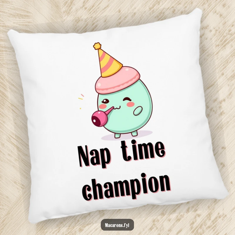 Funny macaron character in a party hat blowing a tiny party blower, featured on a plush pillow for comfort.
